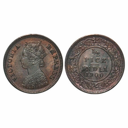 Victoria Empress, Copper, 1/2 pice, 1900, Calcutta Mint, A/I, No mint mark, Ghost on Rev. 