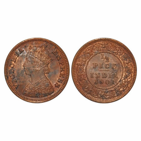 Victoria Empress, Copper, 1/2 Pice, 1901, Calcutta Mint, A/I, No mint mark, Die crack on O