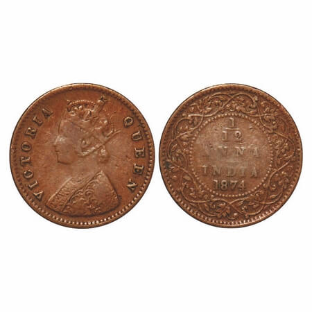 Victoria Queen, Copper, 1/12 Anna, 1874, Calcutta Mint, Obv A, No mint mark. F. Prid 783. 