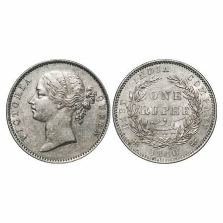 Victoria Queen, Silver, Rupee, 1840, DL, Madras Mint, W.W. 'B' raised, Wreath with 28 Berr