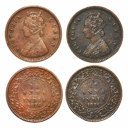 Victoria Queen, Copper, 1/12 Anna, (2 coins), 1876, Calcutta Mint, Obv A, No mint mark. F.