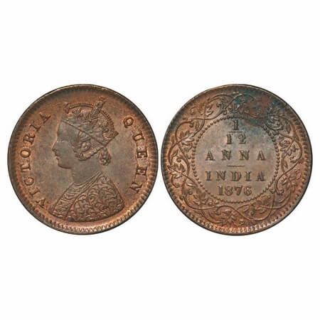 Victoria Empress, Copper, 1/12 Anna, 1876, Calcutta Mint, Obv A, No mint mark. F. Prid 785