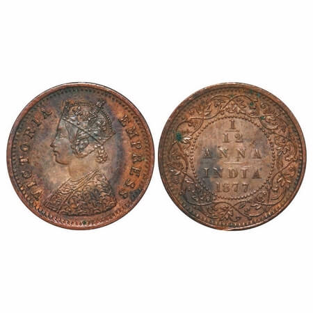 Victoria Empress, Copper, 1/12 Anna, 1877, Bombay Mint, Obv A, No mint mark. F. Prid 809. 