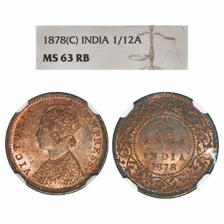 Victoria Empress, Copper, 1/12 Anna, 1878, Calcutta Mint, Obv B, No mint mark. F. Prid 787