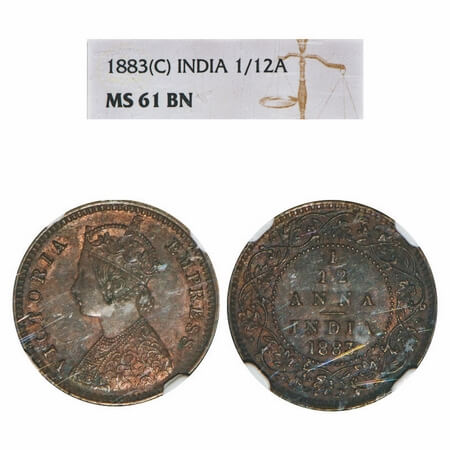 Victoria Empress, Copper, 1/12 Anna, 1883, Calcutta Mint, Obv B, 'C' incused. F. Prid . GK