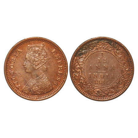 Victoria Empress, Copper, 1/12 Anna, 1884, Bombay Mint, Obv A, No mint mark. F. Prid 812. 
