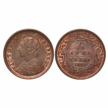 Victoria Empress, Copper, 1/12 Anna, 1885, Calcutta Mint, Obv 'B', No mint mark. F. Prid 7