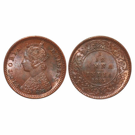 Victoria Empress, Copper, 1/12 Anna, 1887, Calcutta Mint, Obv B, 'C' incused. F. Prid 792.