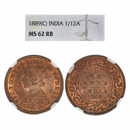 Victoria Empress, Copper, 1/12 Anna, 1889, Calcutta Mint, Obv B, No mint mark. F. Prid 794
