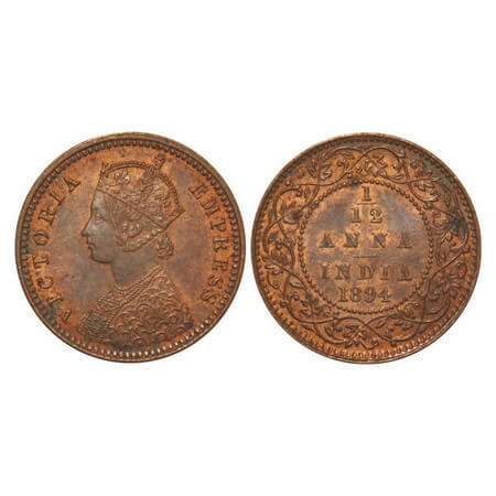 Victoria Empress, Copper, 1/12 Anna, 1894, Calcutta Mint, Obv 'B', No mint mark. F. Prid79
