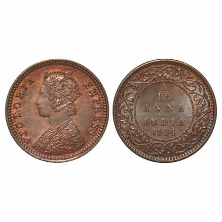 Victoria Empress, Copper, 1/12 Anna, 1894, Calcutta Mint, Obv B, No mint mark. F. Prid 799