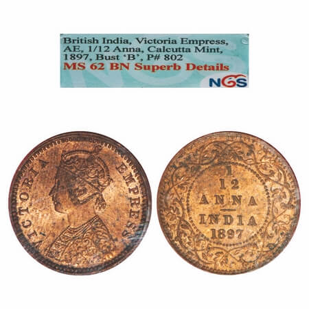 Victoria Empress, Copper, 1/12 Anna, 1897, Calcutta Mint, Obv B, No mint mark. F. Prid 802