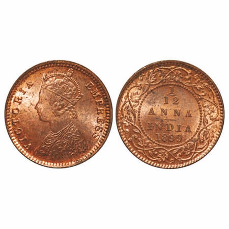 Victoria Empress, Copper, 1/12 Anna, 1899, Calcutta Mint, Obv B, No mint mark, Mechanical 