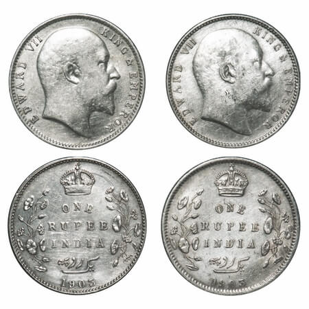 Edward VII, Silver, Rupee, 1903, (2 coins), 1) Calcutta Mint, No mint mark, Normal 5 Diamo