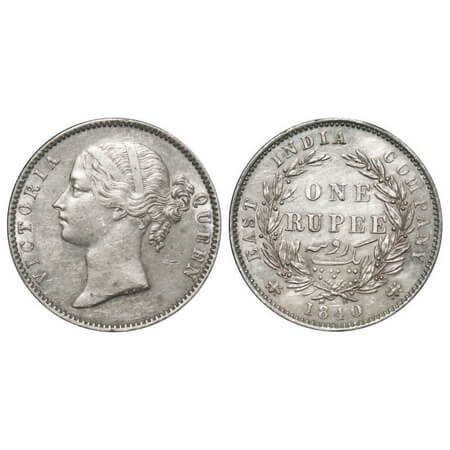 Victoria Queen, Silver, Rupee, 1840, DL, Madras Mint, W.W. 'S' raised, Wreath with 28 Berr