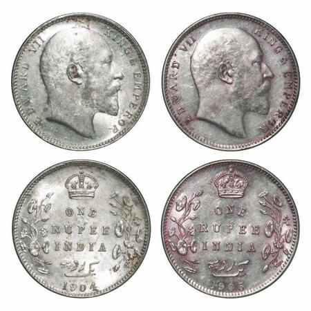 Edward VII, Silver, Rupee, (2 coins), 1) 1904, Calcutta Mint, No mint mark, Normal 5 Dimon