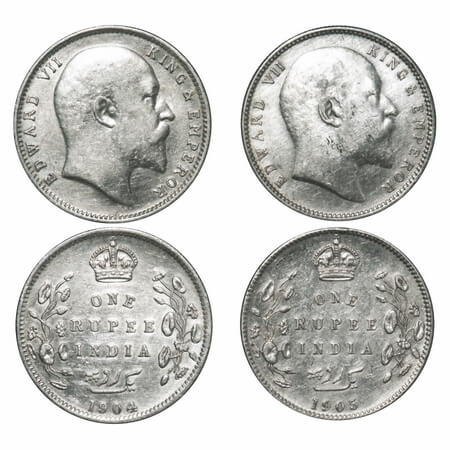 Edward VII, Silver, Rupee, (2 coins), 1) 1904, Bombay Mint, 'B' incused and Dot, 5 Diamond