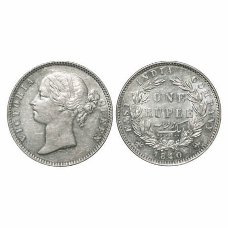 Victoria Queen, Silver, Rupee, 1840, DL, Madras Mint, W.W. 'S' raised, Wreath with 28 Berr