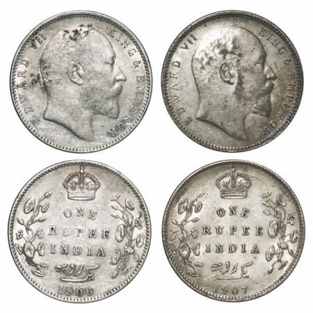 Edward VII, Silver, Rupee, (2 coins), 1) 1906, Bombay Mint, 'B' incused and Dot, 2) 1907, 