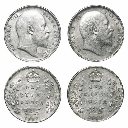 Edward VII, Silver, Rupee, 1907, (2 coins), Bombay Mint, 'B' incused and Dot, Broad numera