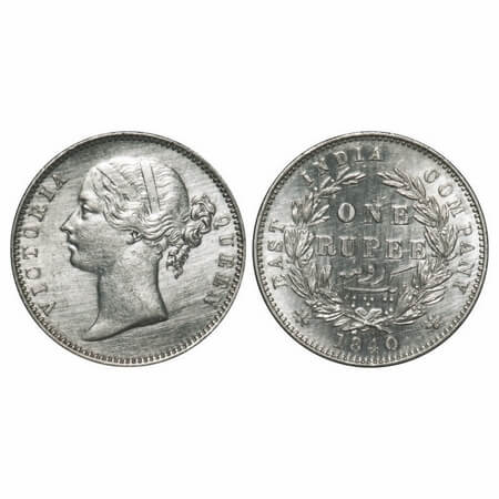 Victoria Queen, Silver, Rupee, 1840, DL, Madras Mint, W.W. 'S' raised, Wreath with 28 Berr
