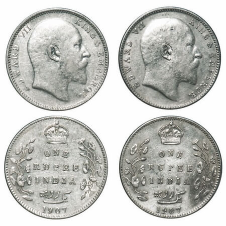 Edward VII, Silver, Rupee, 1907, (2 coins), Bombay Mint, 'B' incused and Dot, Narrow numer