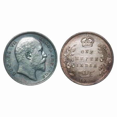 Edward VII, Silver, Rupee, 1908, Calcutta Mint, No mint mark. F. Prid 194. GK 946. About U
