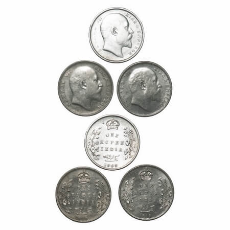 Edward VII, Silver, Rupee, (3 coins), 1) 1908, Calcutta Mint, No mint mark, 2 & 3) 1910, B