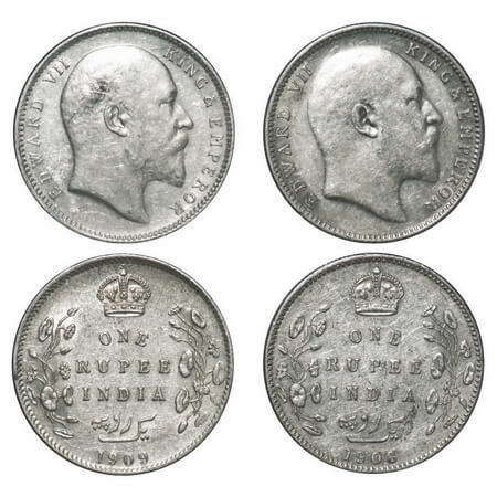 Edward VII, Silver, Rupee, (2 coins), 1) 1908, Bombay Mint, 'B' incused and Dot, 2) 1909, 