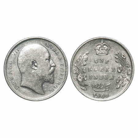 Edward VII, Silver, Rupee, 1909, Calcutta Mint, No mint mark. F. Prid 195. GK 950. Extreme
