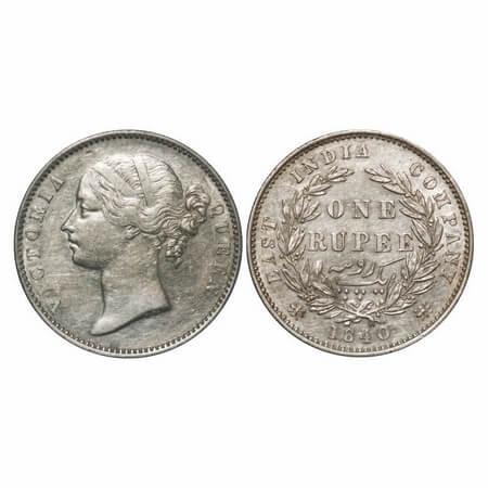 Victoria Queen, Silver, Rupee, 1840, DL, Madras Mint, W.W. 'S'. raised, Wreath with 28 Ber