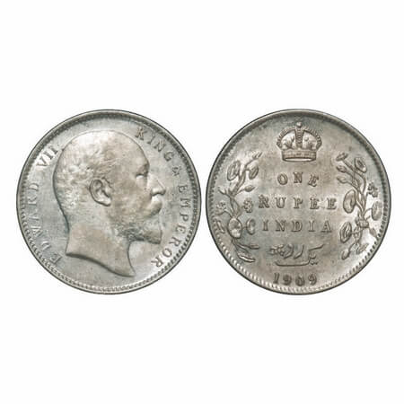 Edward VII, Silver, Rupee, 1909, Calcutta Mint, No mint mark. F. Prid 195. GK 950. Almost 