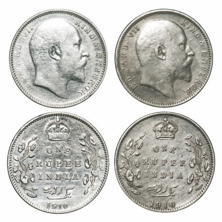 Edward VII, Silver, Rupee, 1910, (2 coins), 1) Calcutta Mint, No mint mark, More spacing b