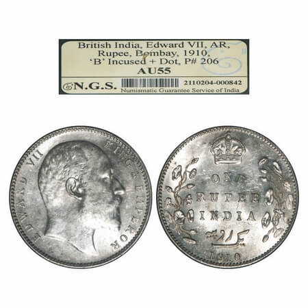 Edward VII, Silver, Rupee, 1910, Bombay Mint, 'B' incused and dot, More space between the 