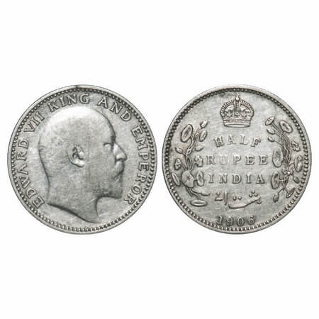 Edward VII, Silver, Half Rupee, 1906, Calcutta Mint, No mint mark. F. Prid 310. GK 964. Ve