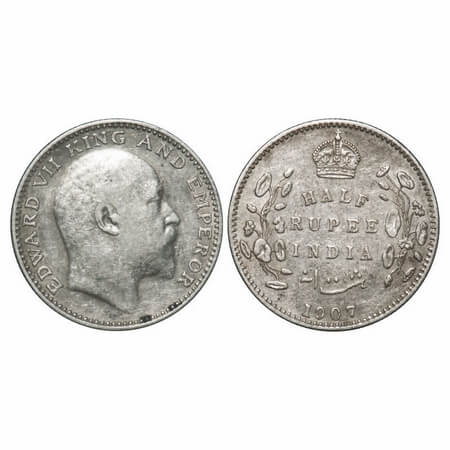Edward VII, Silver, Half Rupee, 1907, Bombay Mint, 'B' incused and dot. F. Prid 316. GK 96