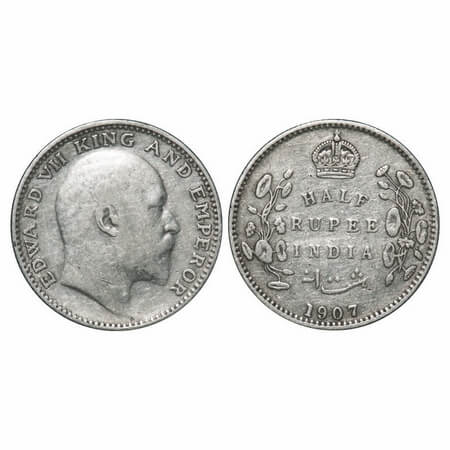 Edward VII, Silver, Half Rupee, 1907, Bombay Mint, 'B' incused and Dot. F. Prid 316. GK 96