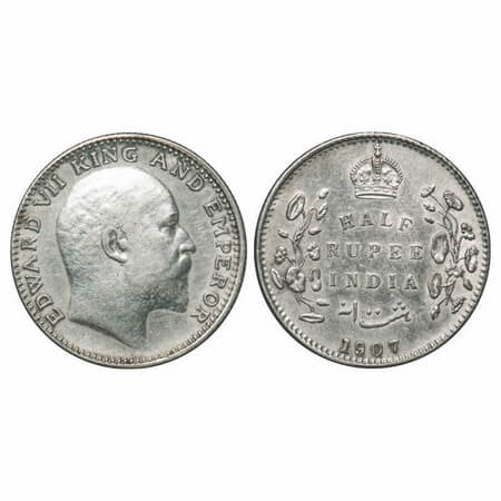 Edward VII, Silver, Half Rupee, 1907, Bombay Mint, 'B' incused and Dot. F. Prid 316. GK 96