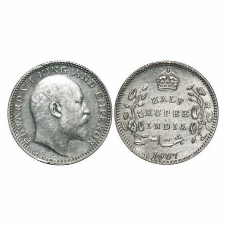 Edward VII, Silver, Half Rupee, 1907, Calcutt Mint, No mint mark, Ghost on Rev. F. Prid 31