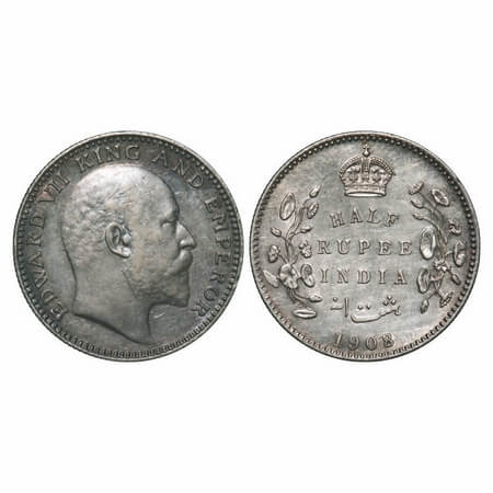 Edward VII, Silver, Half Rupee, 1908, Calcutta Mint, No mint mark, Ghost on Rev. F. Prid 3