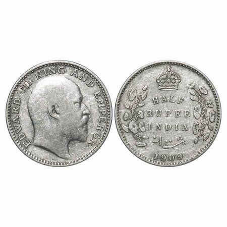 Edward VII, Silver, Half Rupee, 1909, Calcutta Mint, No mint mark. F. Prid 313. GK 969. Ve