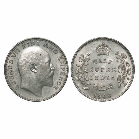 Edward VII, Silver, Half Rupee, 1909, Calcutta Mint, No mint mark. F. Prid 313. GK 969. Ab