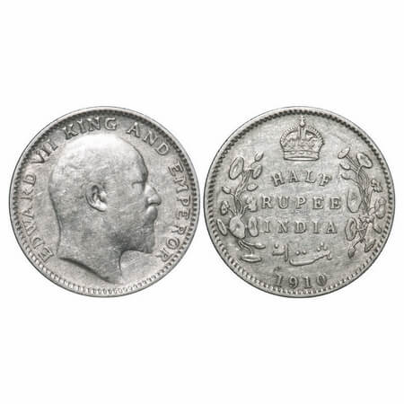 Edward VII, Silver, Half Rupee, 1910, Calcutta Mint, No mint mark. F. Prid 314. GK 971. Al