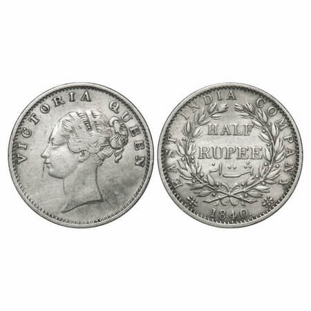 Victoria Queen, Silver, Half Rupee, 1840, CL, Calcutta Mint, B/I, Indian Head, Wreath with