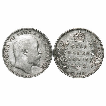 Edward VII, Silver, Half Rupee, 1910, Calcutta Mint, No mint mark. F. Prid 314. GK 971. Ve