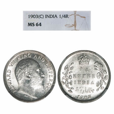 Edward VII, Silver, 1/4 Rupee, 1903, Calcutta Mint, No mint mark. F. Prid 432. GK 972. NGC