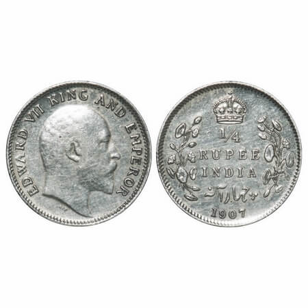 Edward VII, Silver, 1/4 Rupee, 1907, Calcutta Mint, No mint mark. F. Prid 436. GK 976. Ext