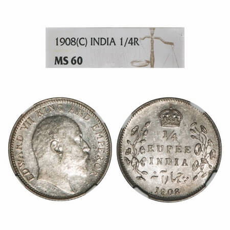 Edward VII, Silver, 1/4 Rupee, 1908, Calcutta Mint, No mint mark. F. Prid 437. GK 977. NGC