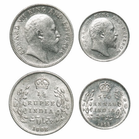 Edward VII, Silver, 1/4 Rupee & 2 anas, 1908, (2 coins), Calcutta Mint, No mint mark. F. P