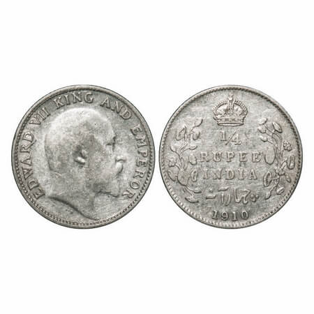 Edward VII, Silver, 1/4 Rupee, 1910, Bombay Mint, Dot. F. Prid Unlisted. GK 979. Extremely